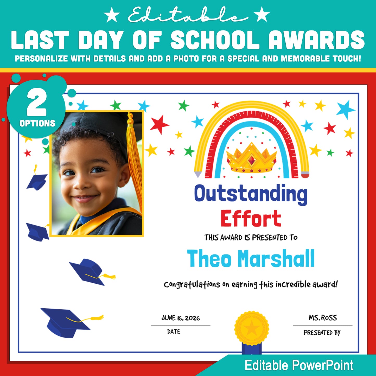 Student Recognition Certificates – Editable Last Day of School Awards with Superlatives, 2 Custom Options: Customize Details or Include Photo