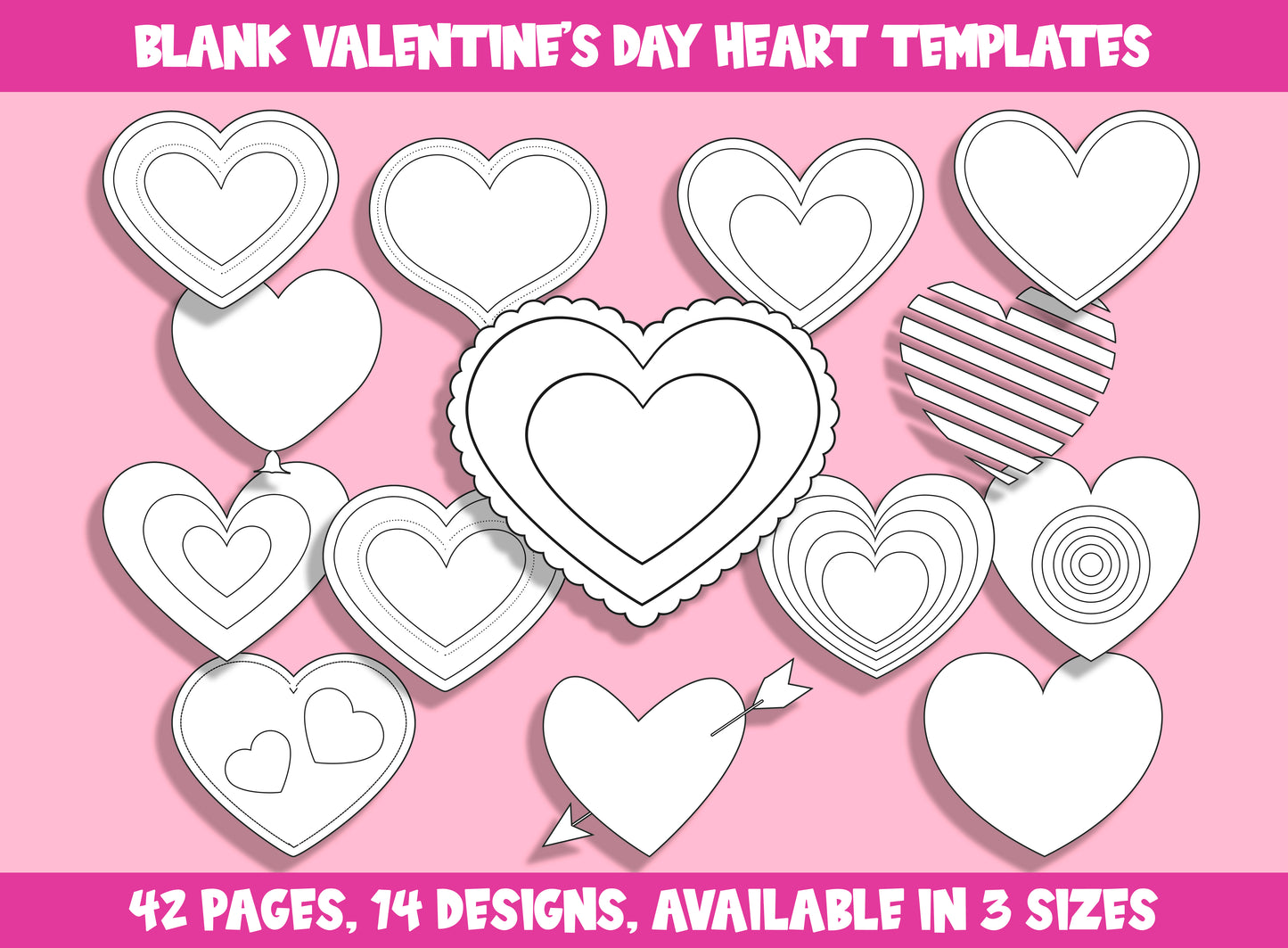 Blank Valentine's Day Heart Templates, Coloring Clipart Bundle, 42 Pages, 14 Designs, Available in 3 Sizes, PDF File, Instant Download