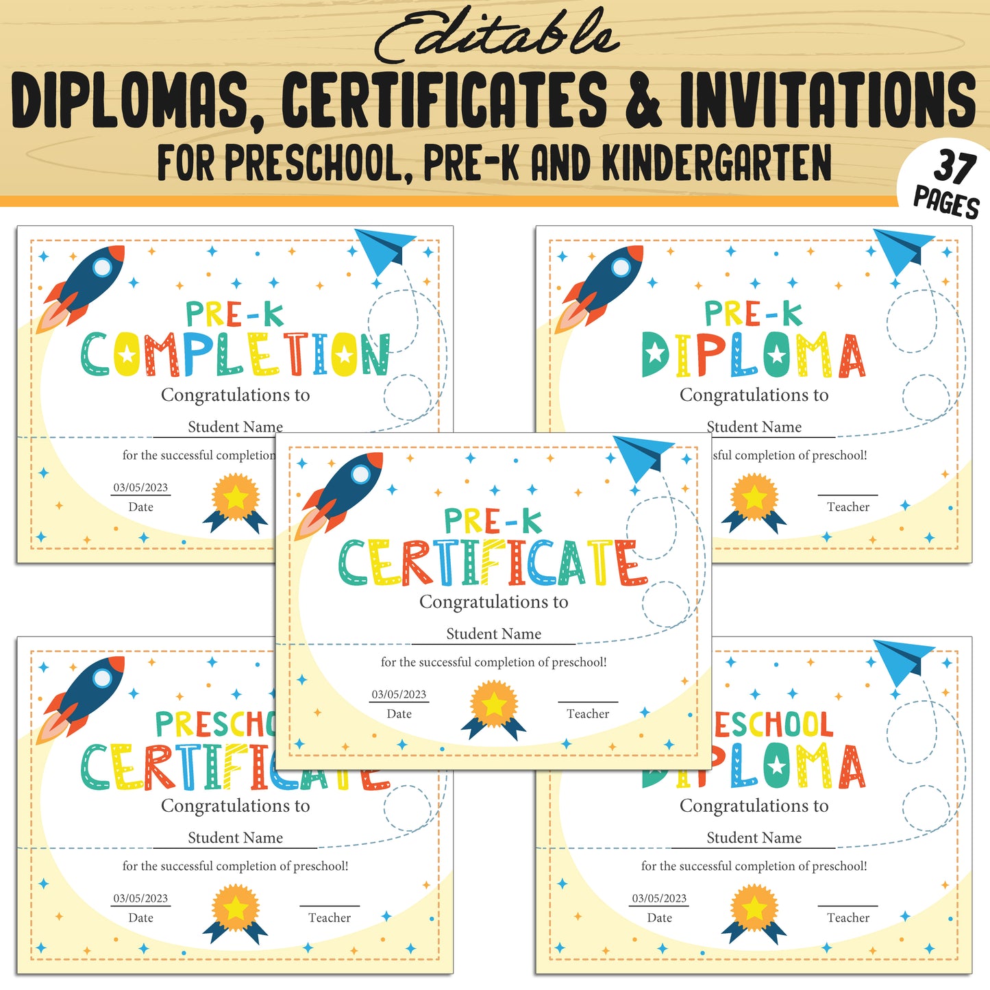 Fun and Editable Preschool, Pre-K, and Kindergarten Diplomas, Certificates, and Invitations β 37 Customizable PDF Pages, Instant Download