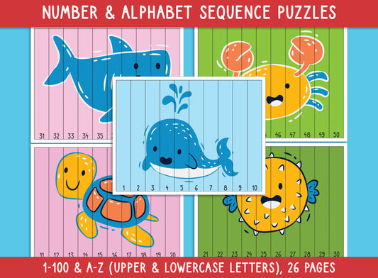 Sea Animal Number and Alphabet Sequence Puzzles (Printable), 1-100 and A-Z (Upper/Lowercase Letters), for Toddler, Preschool, Kindergarten