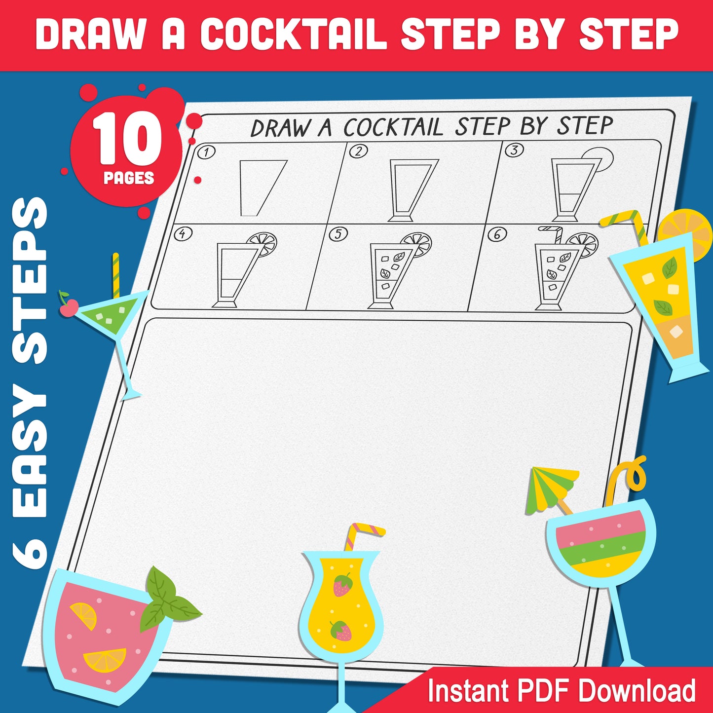 How to Draw a Tropical Summer Cocktail for Kids: 6-Step Drawing Guide with 5 Coloring Pages, Engaging Art & Coloring Fun, Easy Printable PDF Download