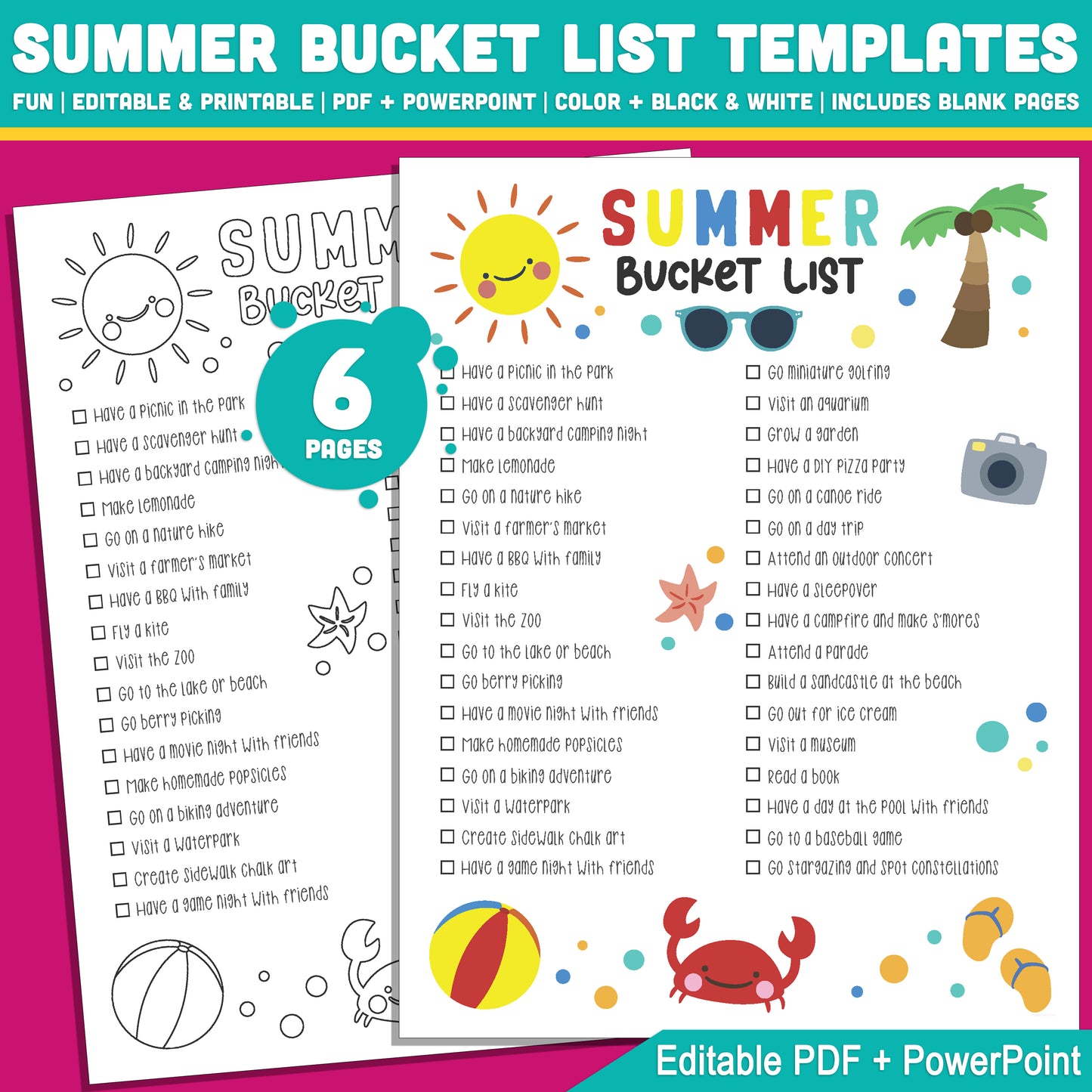 Editable Summer Bucket List Template: Fun Activity Checklist for Children with Color & Black & White Pages, PDF + PowerPoint, 8.5x11"