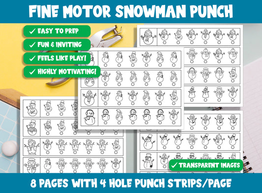 Fine Motor Snowman Punch, Winter Hole Punch Activities for Task Boxes & Tubs, 8 Pages, 4 Strips/Page, PDF File, Instant Download.
