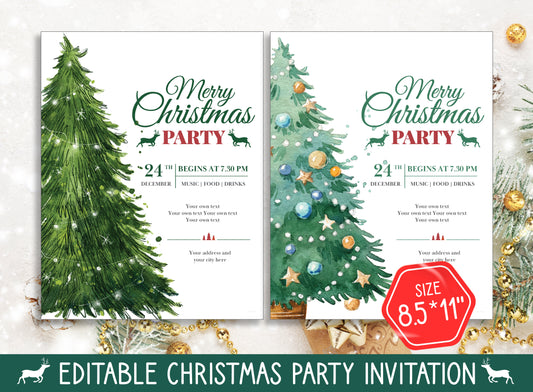 Editable Christmas Party Invite Template, Choose from 2 Designs & 2 Sizes (8.5"x11" and 5"x7"), PDF File, Instant Download