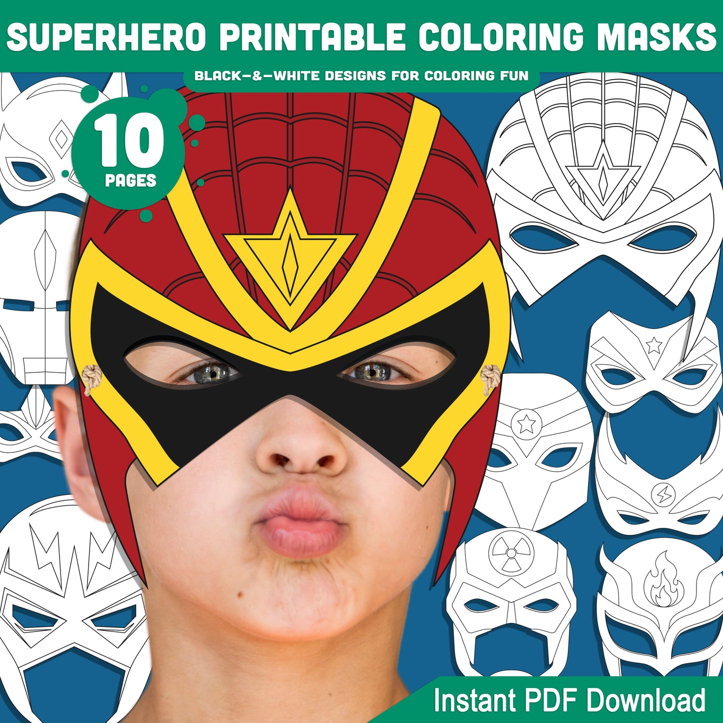 Superhero Coloring Mask Templates – DIY Printable Face Masks for Kids' Parties, Playtime, and Dress-Up Fun, Black-and-White Designs, PDF Instant Download
