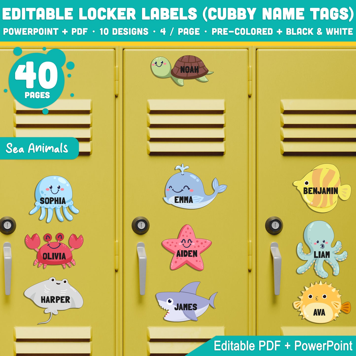 Back to School Editable Locker Labels (Cubby Name Tags), Sea Animal Themed – 4 Per Page, PDF + PowerPoint, 40 Pages of Fun