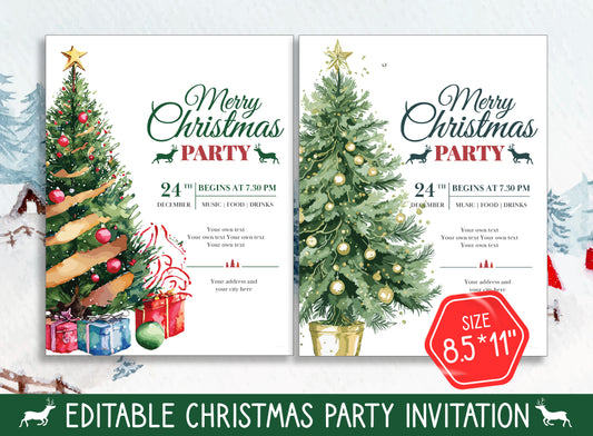 Editable Winter and Christmas Invitations, Choose from 2 Designs & 2 Sizes (8.5"x11" and 5"x7"), PDF File, Instant Download