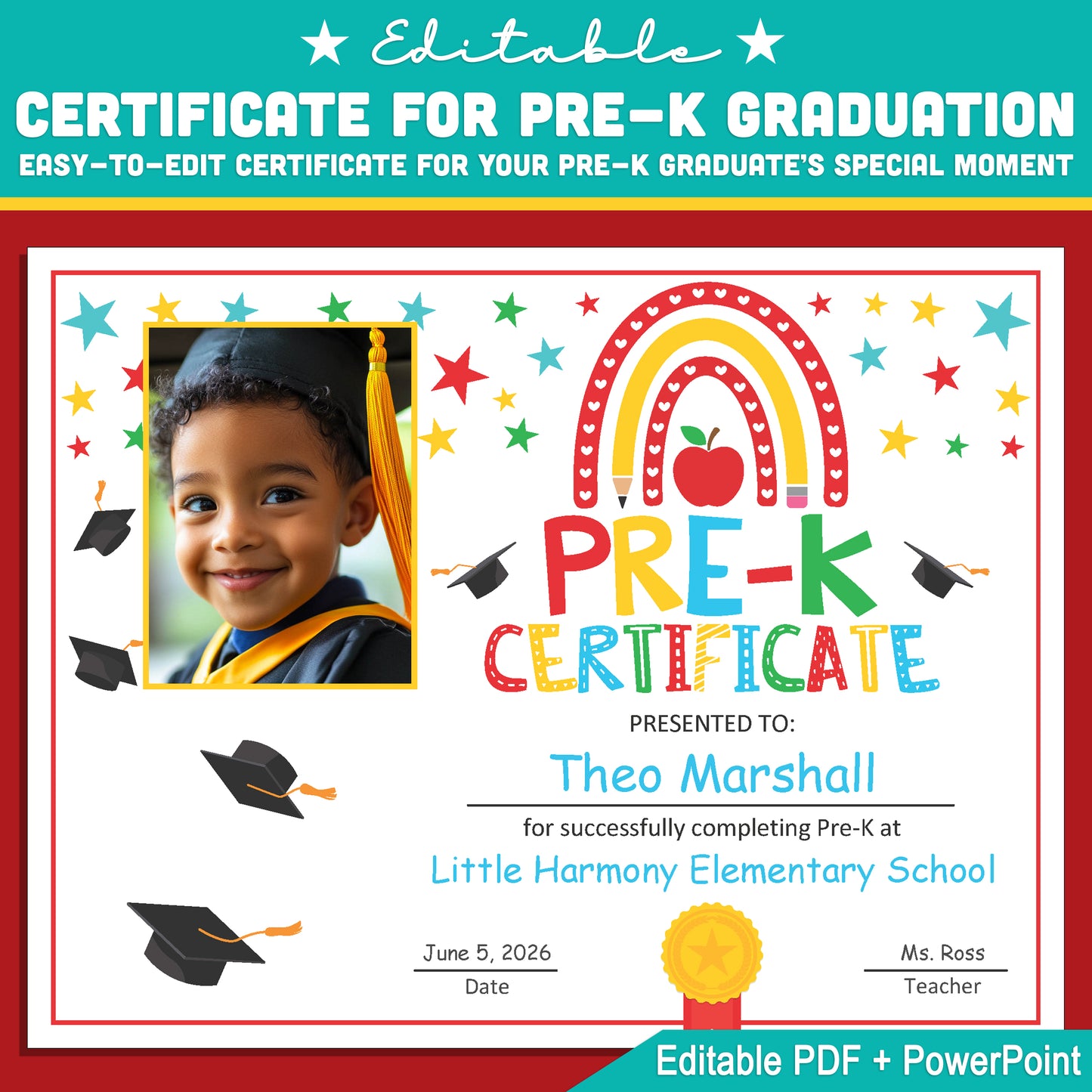 Editable Graduation Certificate with Student Photo for Pre-K, Moving Up Award, PowerPoint + PDF, Letter Size, Instant Download for Kids