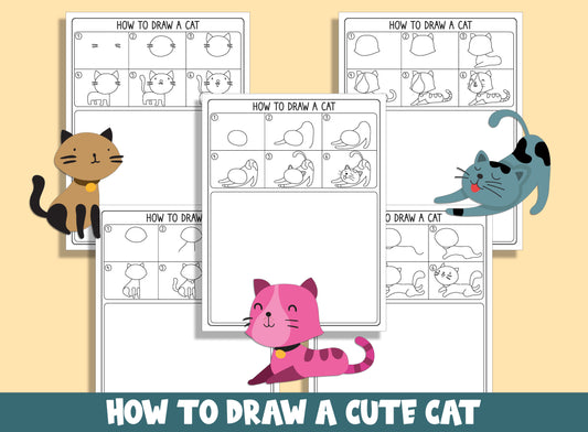 Learn How to Draw a Cute Cat, Kitten Directed Drawing Step by Step Tutorial + 5 Coloring Pages, PDF File, Instant Download