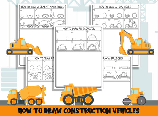 Learn How to Draw Construction Vehicles (Excavator, Dump Truck, Cement Mixer Truck, Bulldozer, Road Roller), Step by Step + 5 Coloring Pages