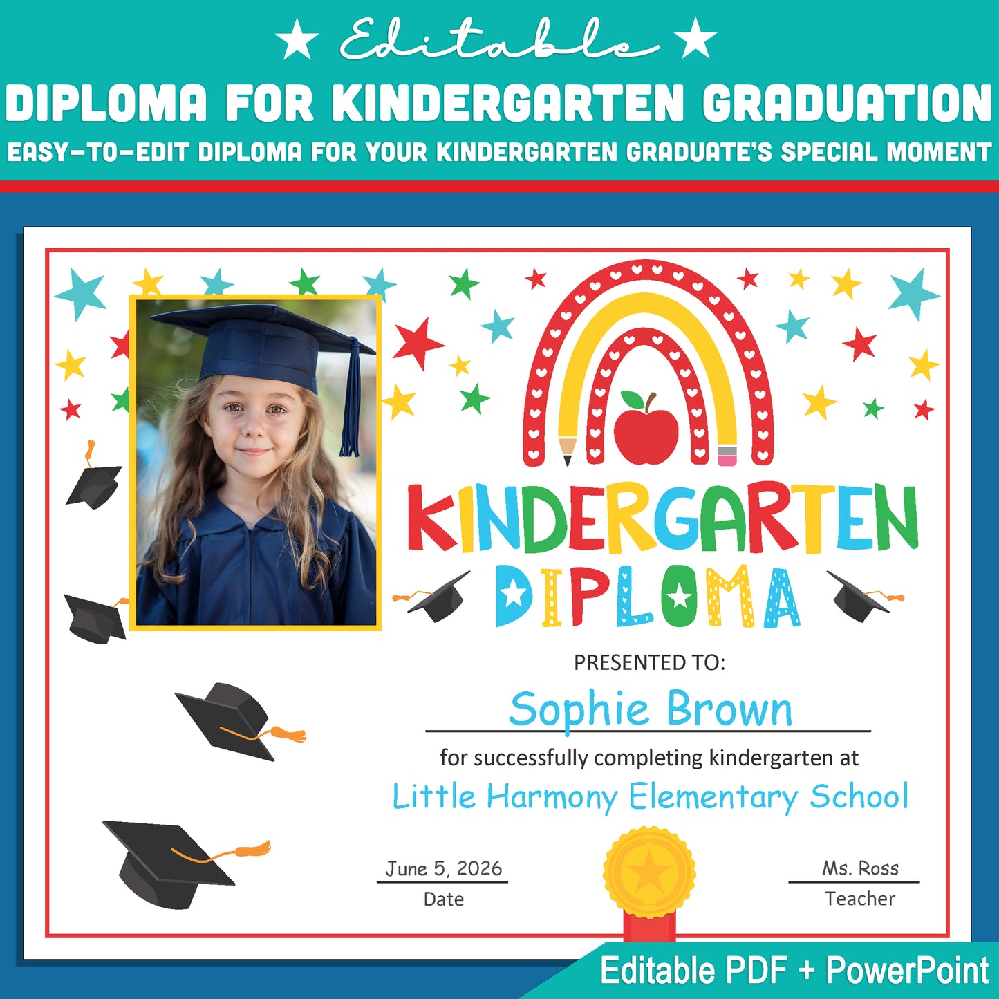 Rainbow Kindergarten Moving Up Diploma with Student Photo – Editable Graduation Template in PowerPoint & PDF for Year-End Celebration