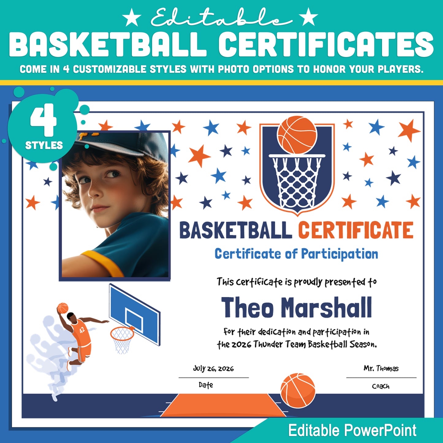 Editable Basketball Certificates | 4 Styles with Photo Options | Youth Team Awards, Player Recognition - 8.5x11 PowerPoint Instant Download