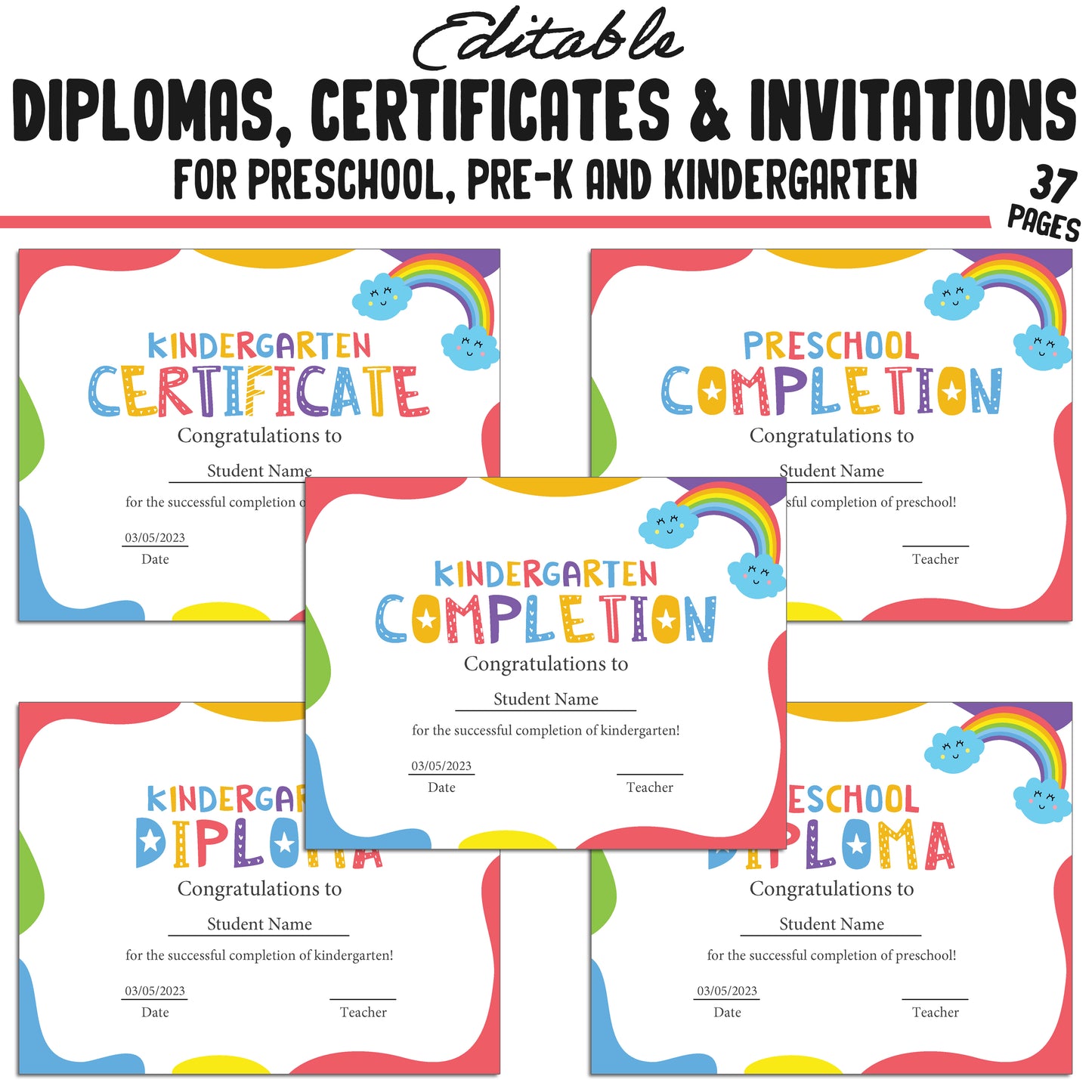 37 Editable Kindergarten, Pre-K, and Preschool Diplomas, Certificates of Completion, and Invitations β Instant PDF Download!