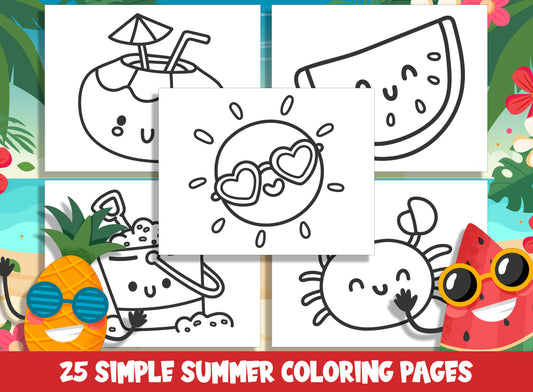 25 Cute Simple Summer Coloring Pages, Large Size, Thick Border, Perfect for Preschool & Kindergarten, PDF File, Instant Download