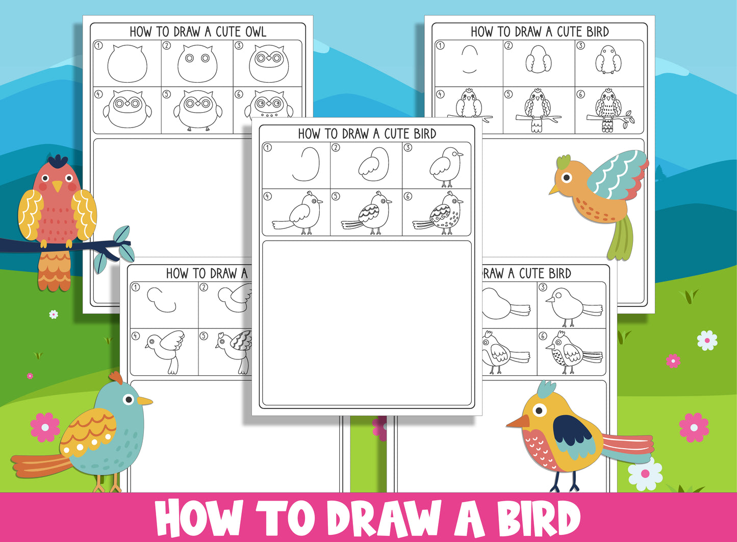Learn How to Draw a Cute Bird and Owl, Directed Drawing Step by Step Tutorial, Includes 5 Coloring Pages, PDF File, Instant Download