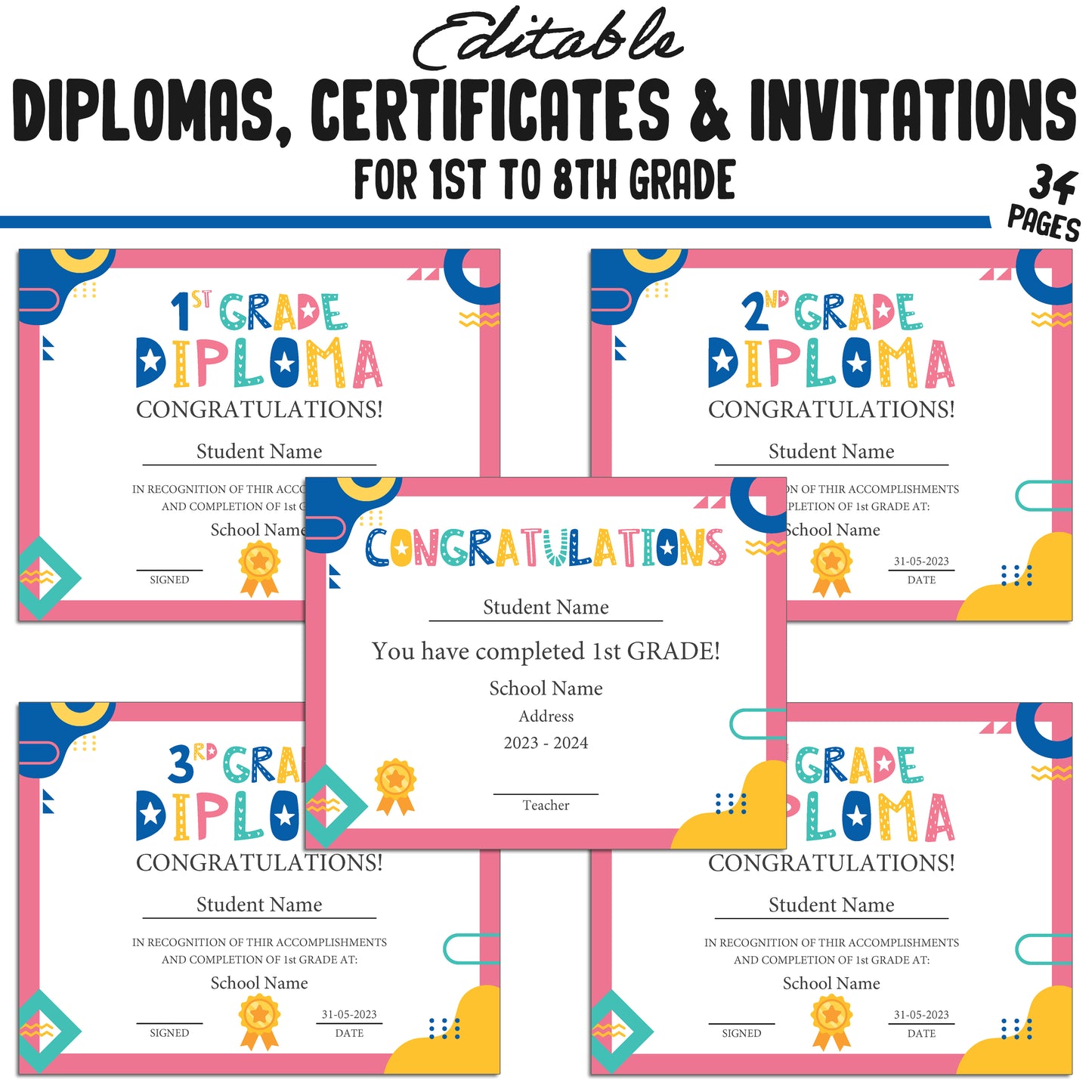Personalized 1st, Second-8th Grade Achievement Certificates, Diplomas & Invitation Templates in a Flat Modern Theme - PDF Instant Download
