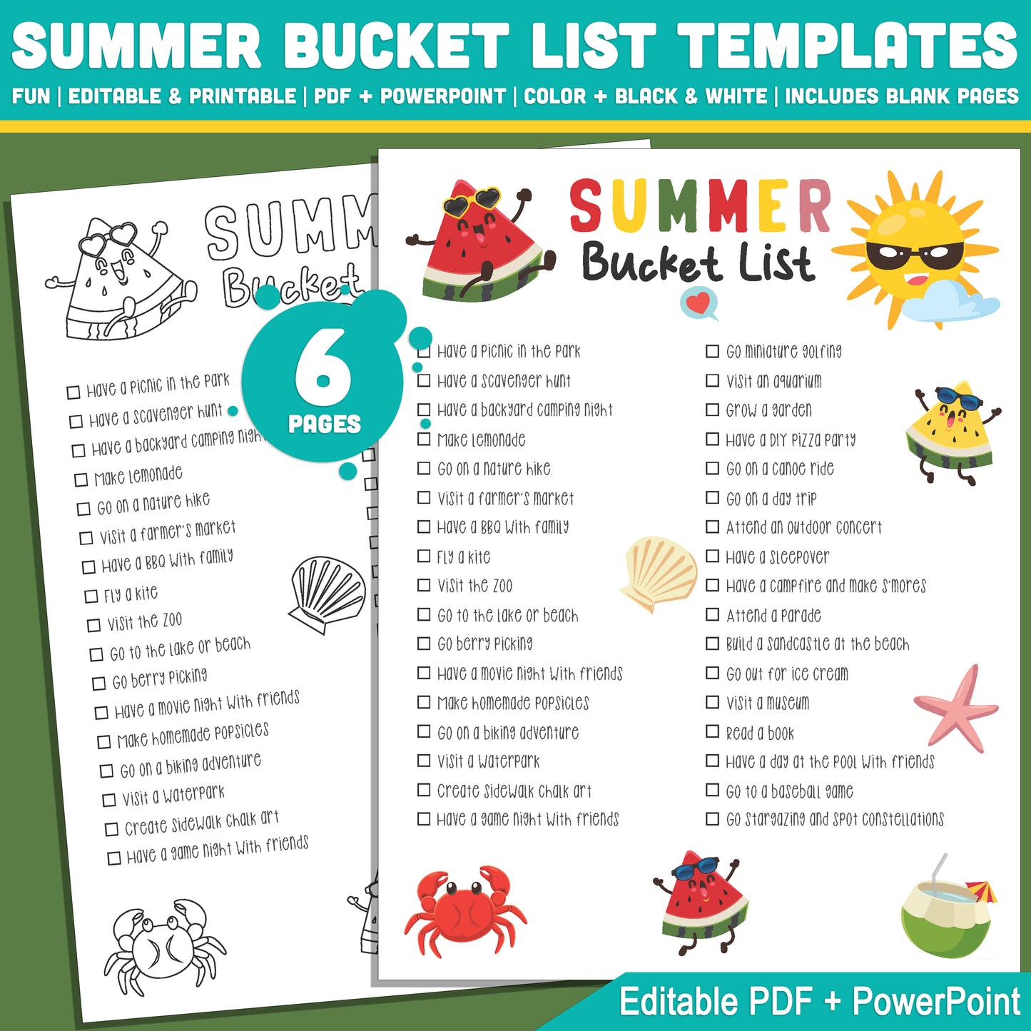 Student Summer Bucket List Template: Fun End-of-Year Classroom Activity, Editable PDF & PowerPoint, Black & White & Color Pages
