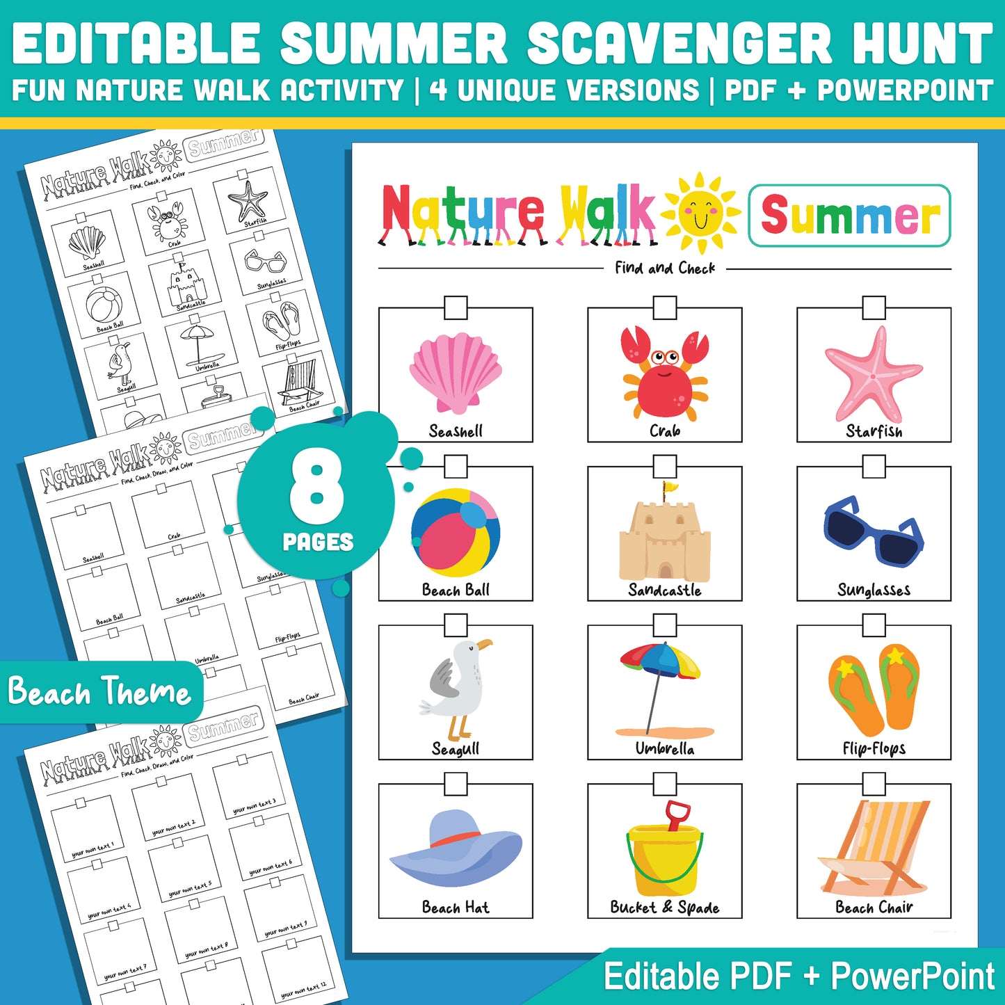 Editable Beach Scavenger Hunt for Kids – 4 Fun Versions for Outdoor Learning, PDF + PPT, Great for Summer Nature Exploration