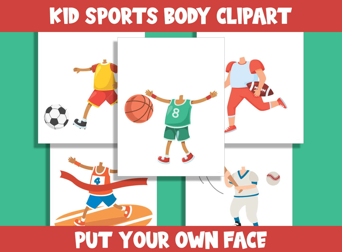 Kid Sports Body Clipart, Color, Cut, & Glue, Put Your Own Face, for PreK to 7th