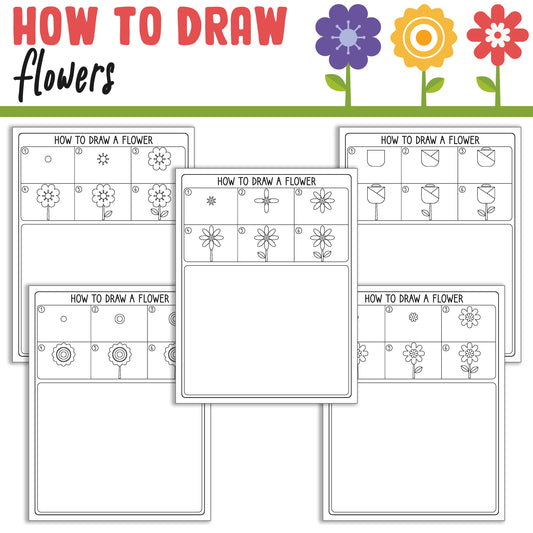 How To Draw Flowers, Directed Drawing Step by Step Tutorial, Includes 5 Coloring Pages, PDF File, Instant Download