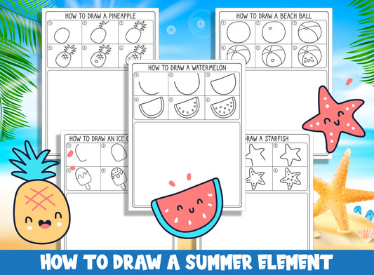 How to Draw Summer Elements (Watermelon, Ice Cream Popsicle, Starfish, Pineapple, Beach Ball), Directed Drawing Step by Step+Coloring Pages
