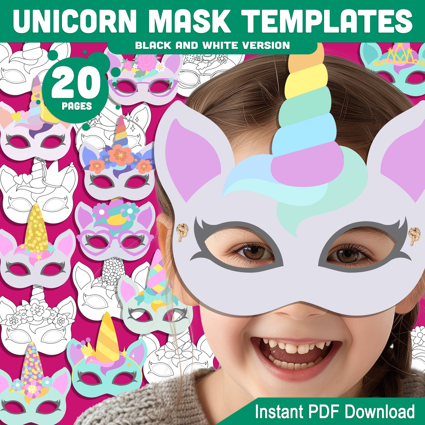 Fun Unicorn Mask Templates: Printable Kids’ Birthday Face Masks, Pre-Colored & Black & White, Ideal for Costumes, Party Favors & Play, Instant PDF.