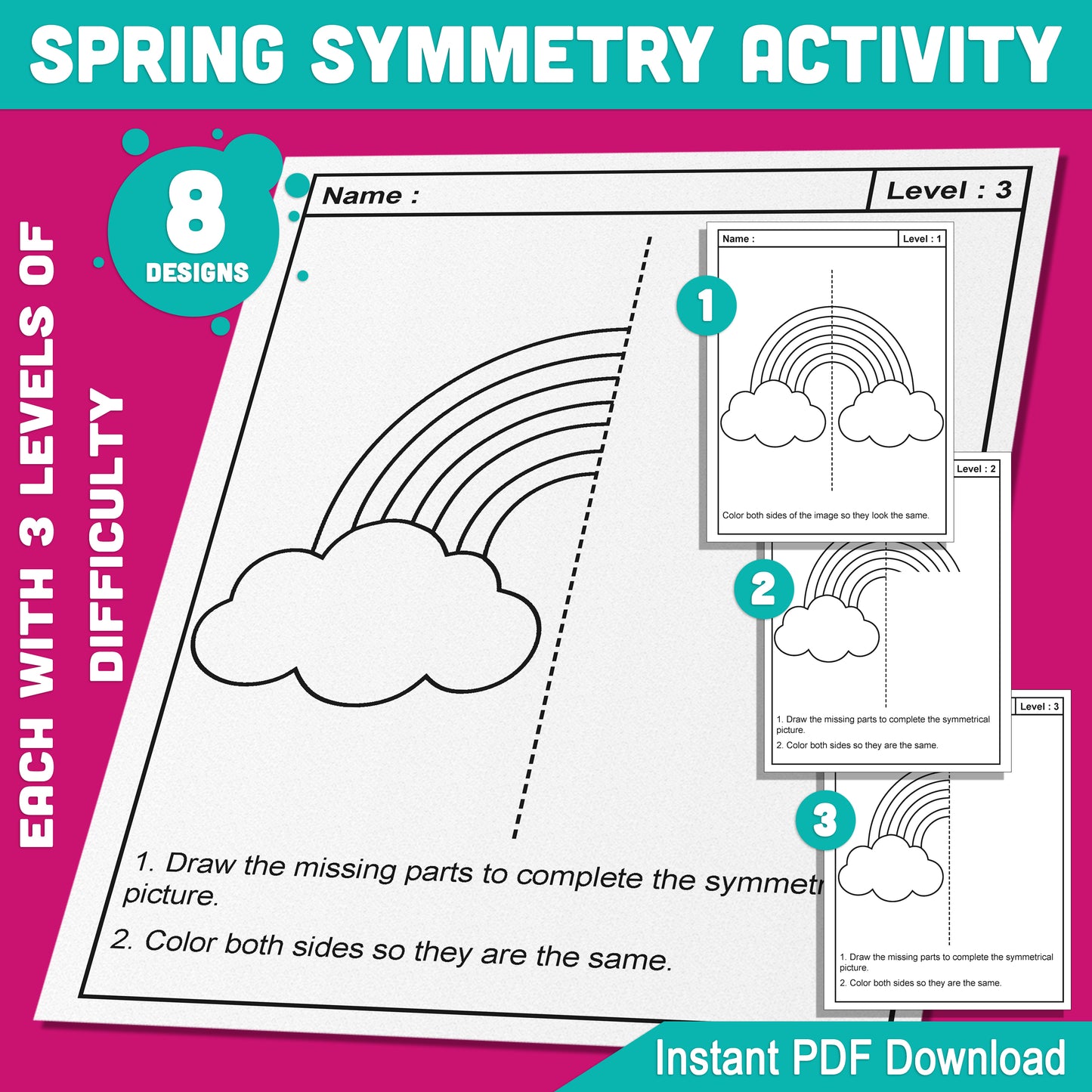 Spring Symmetry Worksheets: 24 Pages of Fun with 8 Unique Spring Designs, 3 Levels per Design, Great for Kids’ Skills Practice, PDF Download