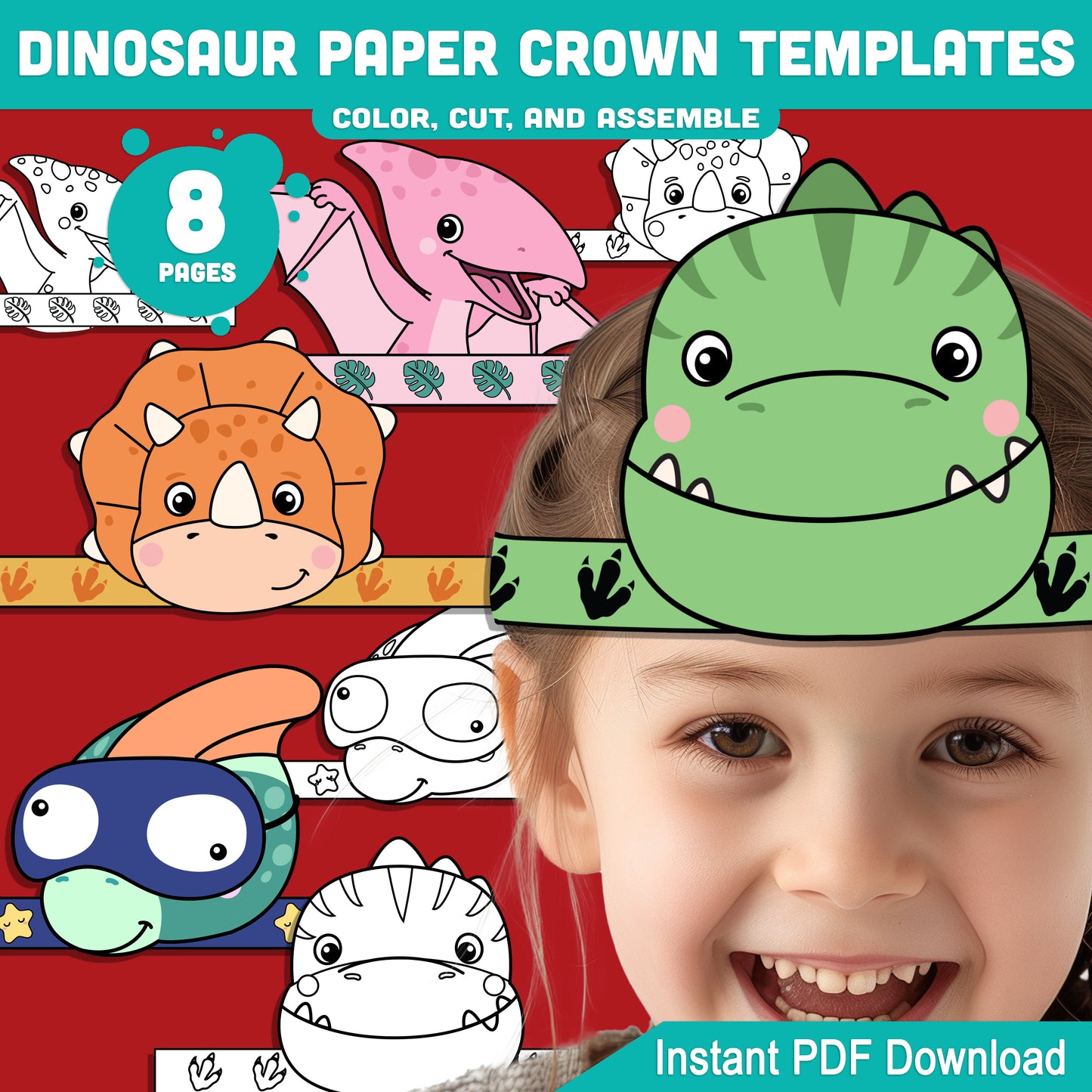 Dinosaur Paper Crowns for Kids – 4 Printable Hat and Headband Designs in Color and Black & White, 8-Page Craft Download, PDF Format