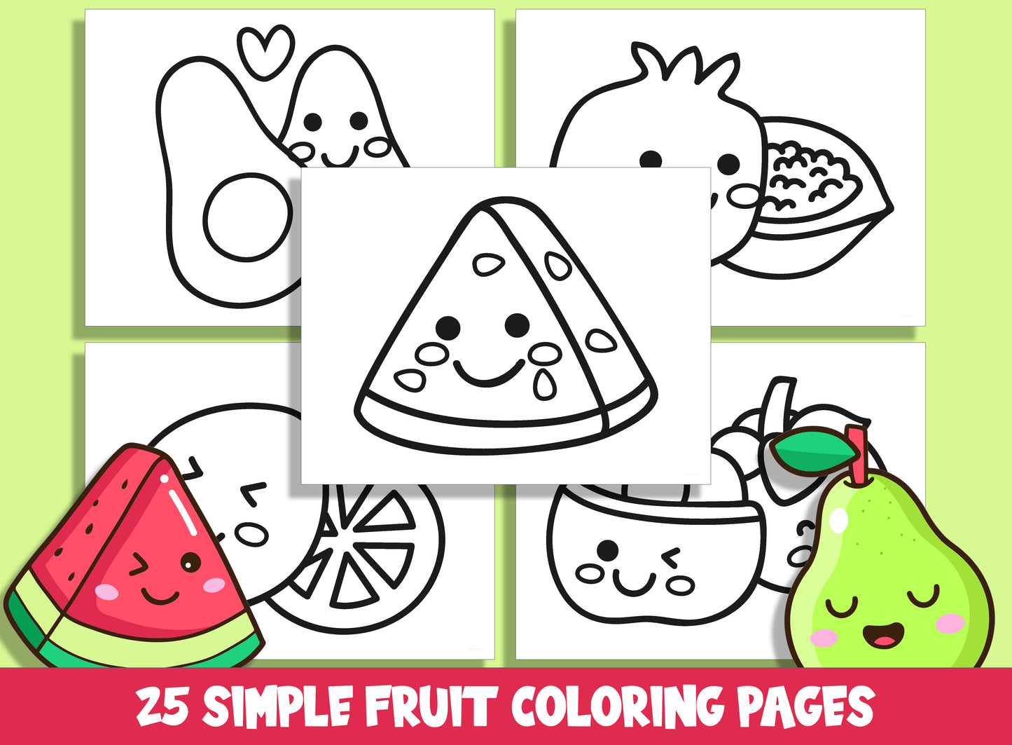 25 Cute and Simple Fruit Coloring Pages, Large Size, Thick Border, Perfect for Preschool & Kindergarten, PDF File, Instant Download