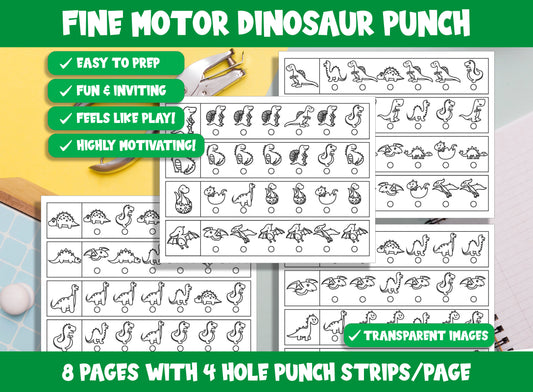Fine Motor Dinosaur Punch, Cute Dino Hole Punch Activities for Task Boxes & Tubs, 8 Pages, 4 Strips/Page, PDF File, Instant Download.