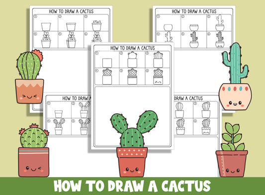 Learn How to Draw a Cactus, Directed Drawing Step by Step Tutorial + 5 Coloring Pages, PDF File, Instant Download