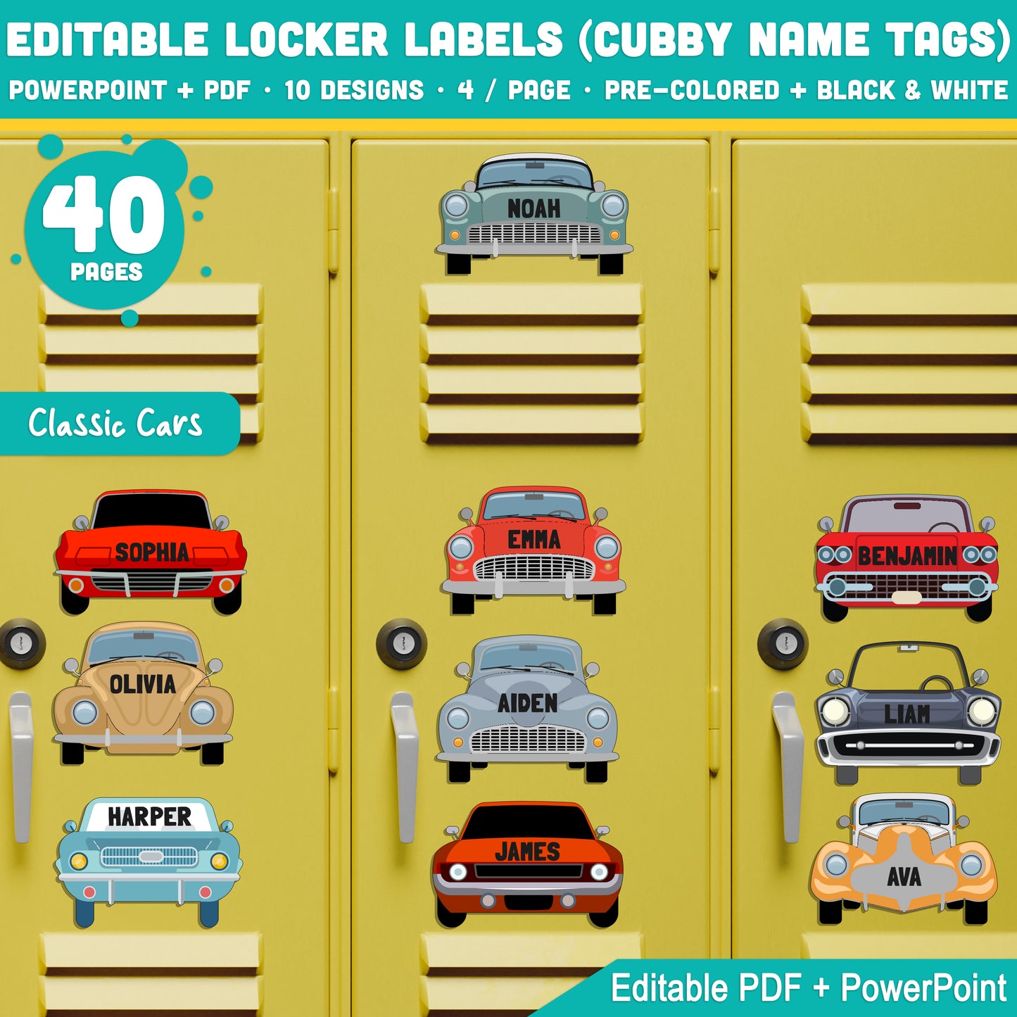 Retro Classic & Vintage Car Name Tags – Editable Locker and Cubby Labels, 10 Designs, PDF + PowerPoint, Instant Download