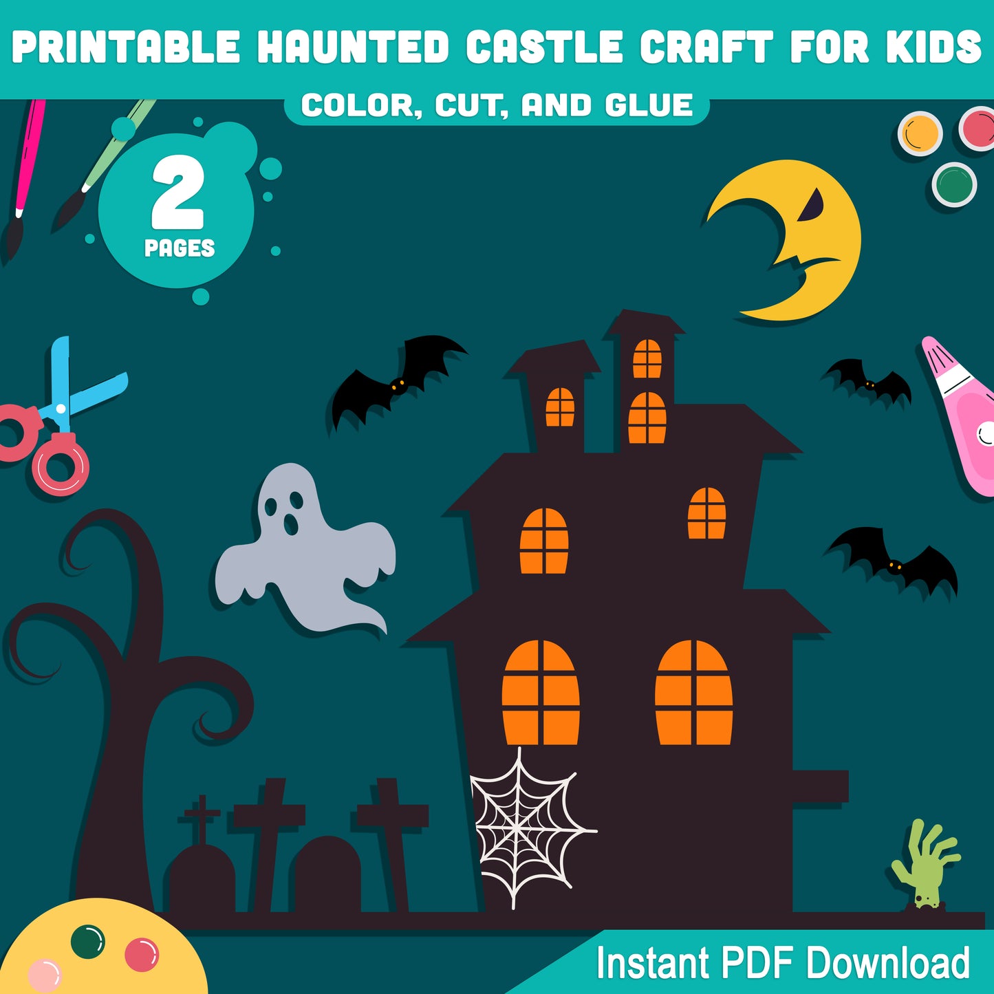 Printable Haunted Castle Paper Craft for Kids, October Halloween Classroom Activity, Easy Cut and Glue Craft for Preschool, Pre-K, Kindergarten