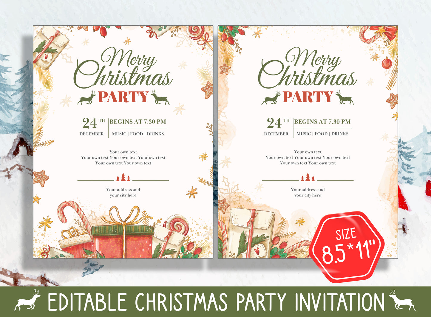 Personalize Your Festivities: Get Creative with Editable Christmas Party Invitations - Explore 2 Designs & 2 Sizes (8.5"x11" and 5"x7")