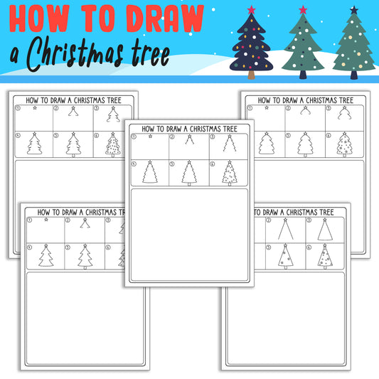 How To Draw a Christmas Tree, Directed Drawing Step by Step Tutorial, Includes 5 Coloring Pages, PDF File, Instant Download