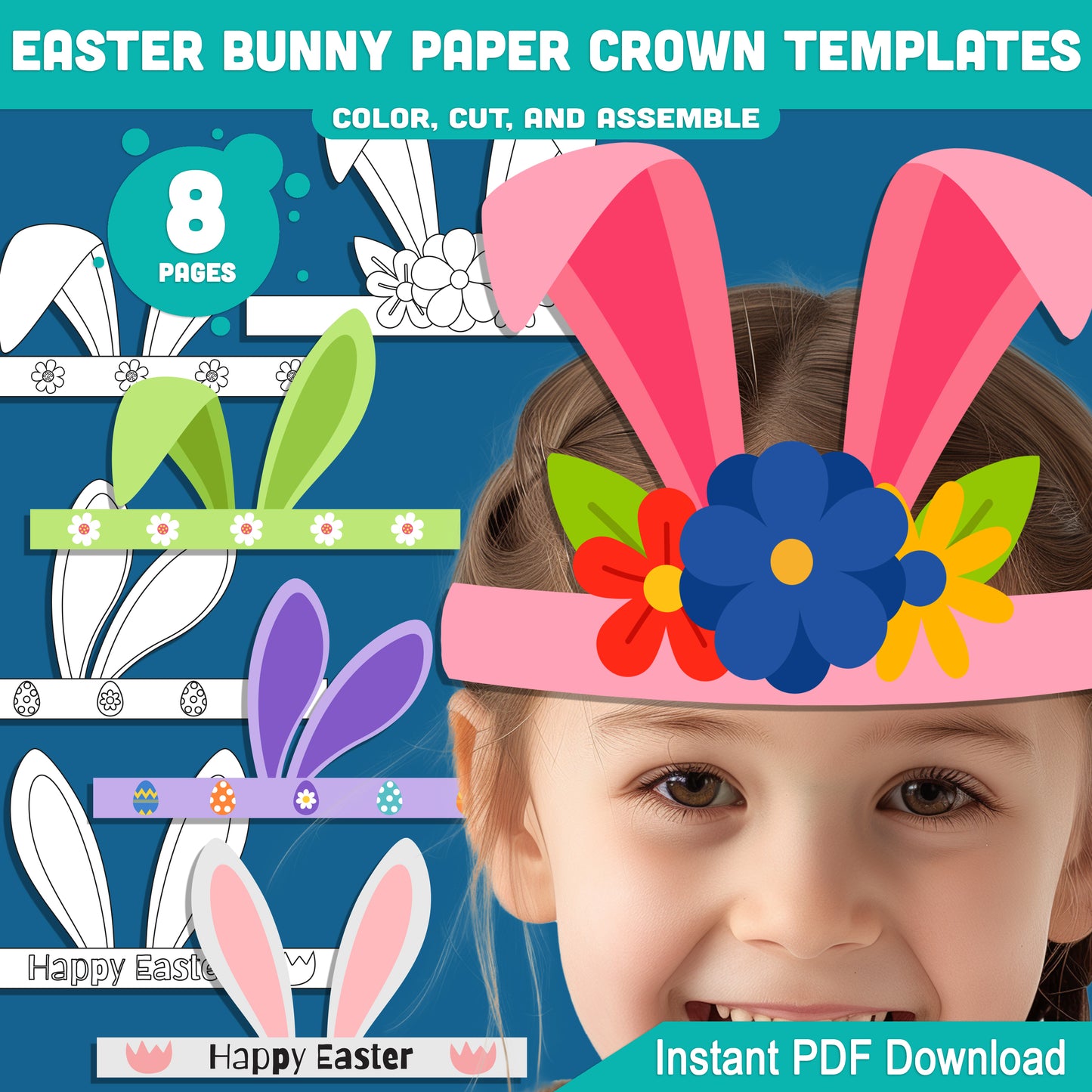 Easter Bunny Hat Paper Crown Templates, 8-Page Printable Rabbit Ears Headband for Kids, 4 Cute Designs in Color & Black and White, Fun Spring Craft for Easter Celebrations, Instant PDF Download.