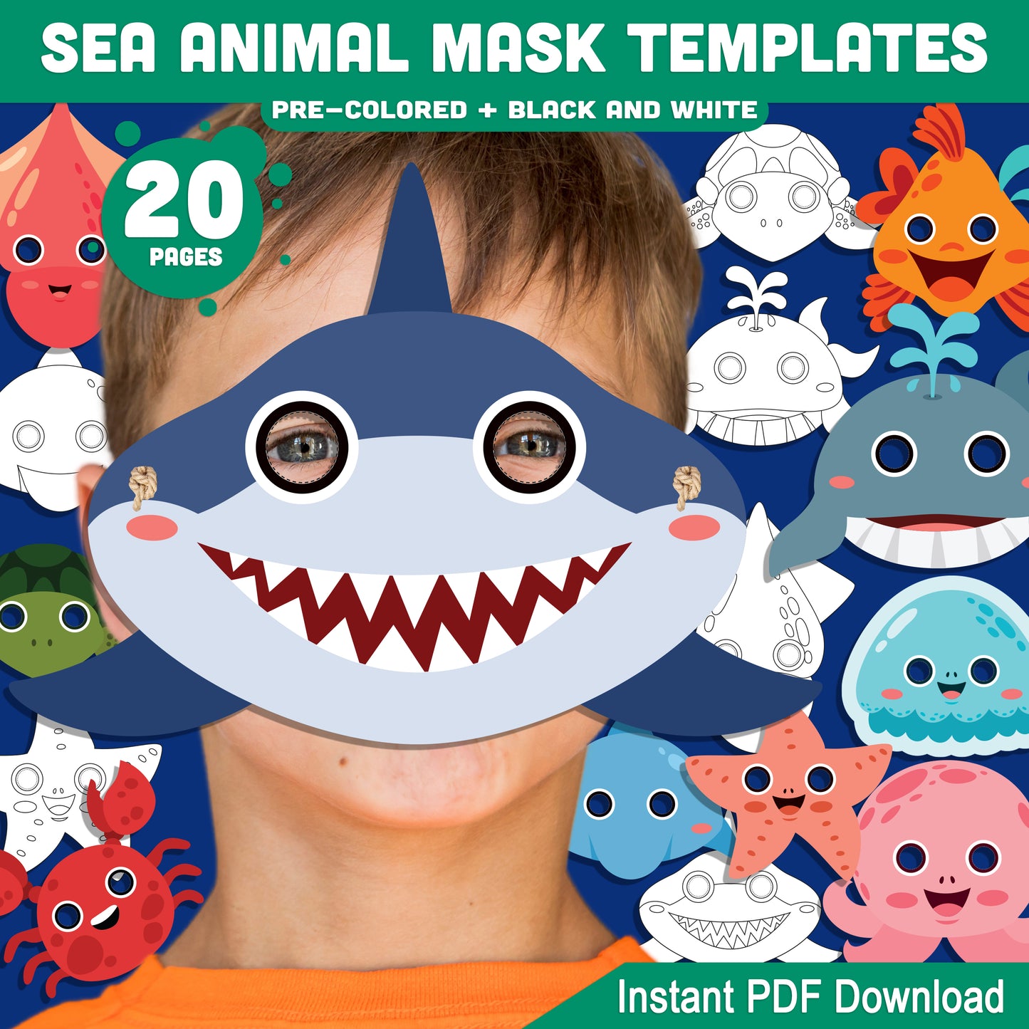 Ocean Animal Mask Templates: 20 DIY Craft Pages for Kids, Pre-Colored & Black & White, Featuring Shark, Whale, Fish, Octopus & More!