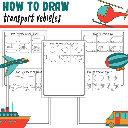 Learn How to Draw Transport Vehicles (Helicopter, Airplane, Airship, Cruise Ship, Bus), Step by Step Tutorial, Includes 5 Coloring Pages
