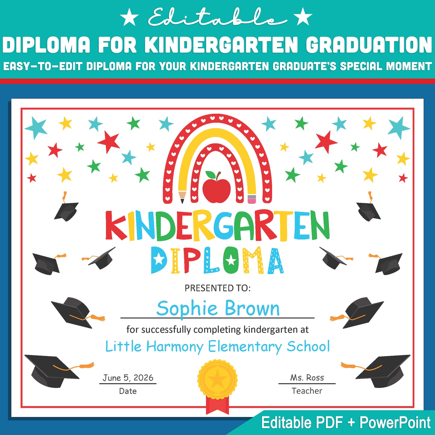 Editable Rainbow Kindergarten Moving Up Diploma – Graduation Template in PowerPoint & PDF for End of School Year Celebration