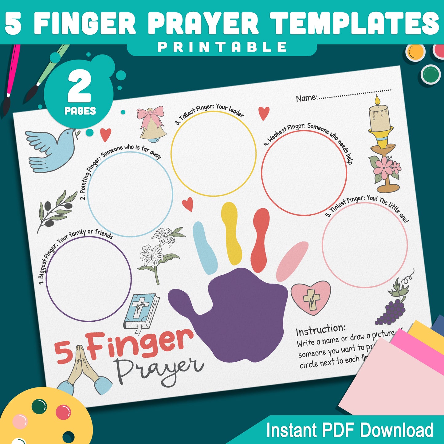 Christian 5 Finger Prayer Worksheet: Printable 2-Page Activity for Kids (Pre-Colored & B&W), Great for Teaching Prayer, Instant PDF Download