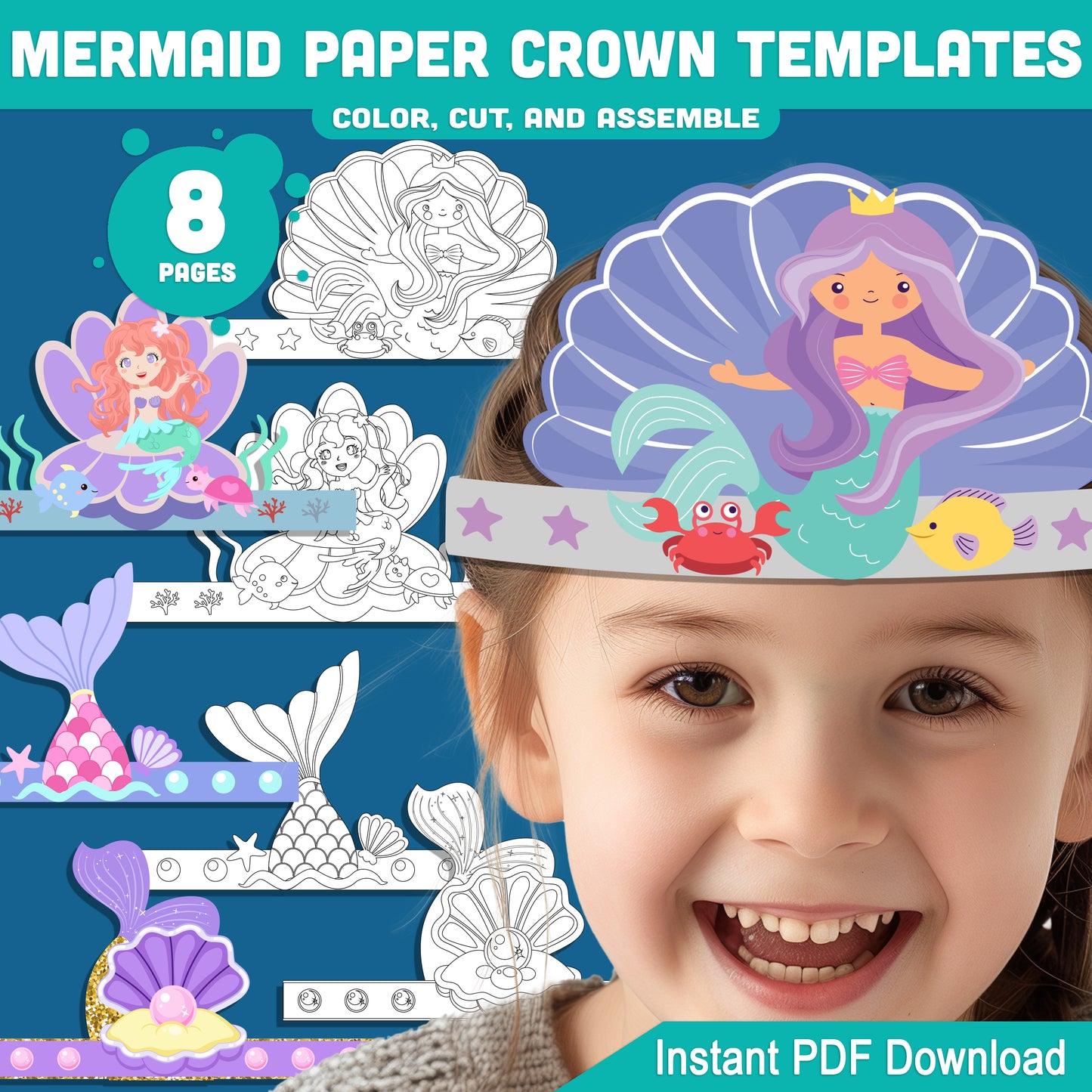 Mermaid Paper Crown, Hat, and Headband Craft for Kids – Fun Printable Designs in Color & Black and White, Instant 8-Page PDF Download