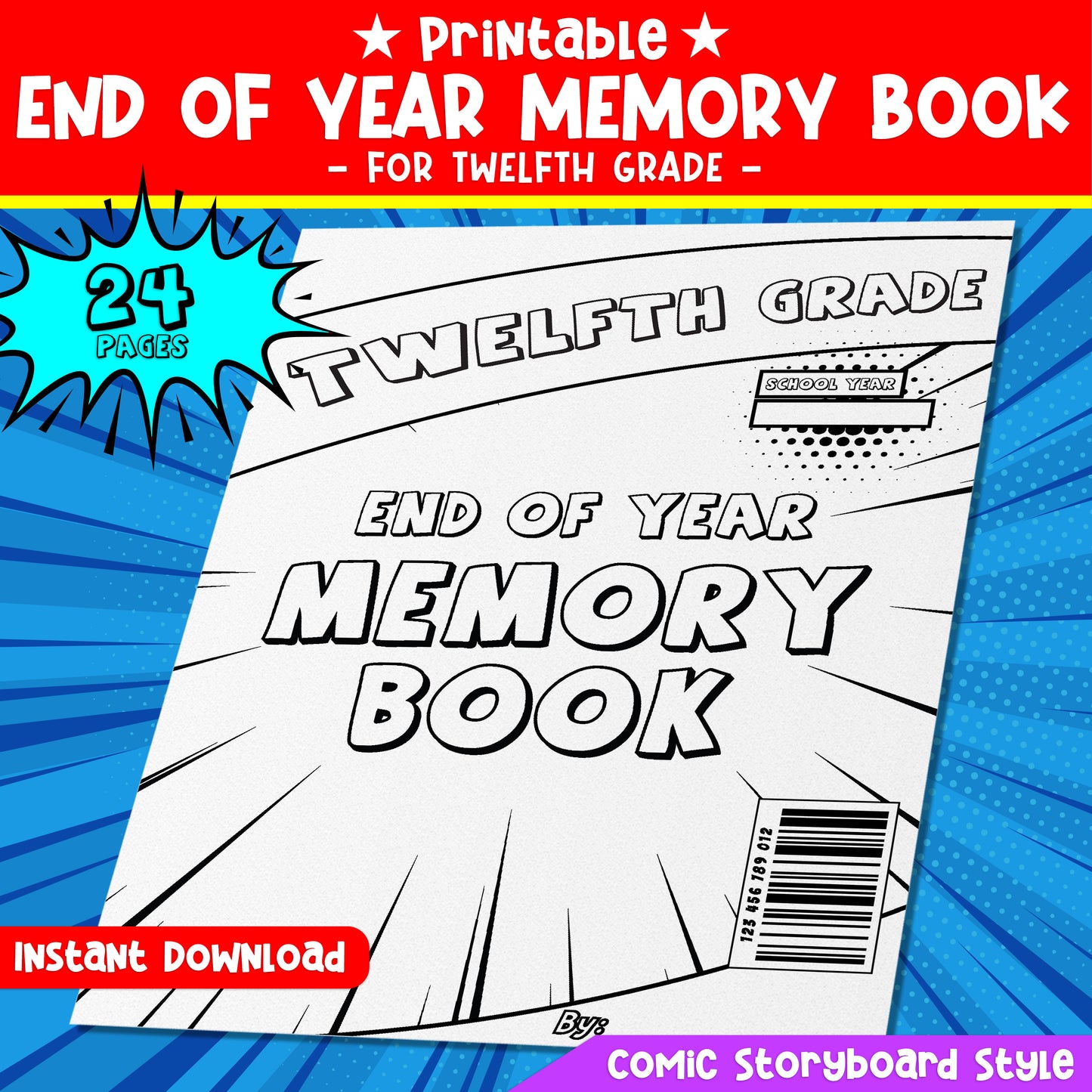 Printable Twelfth Grade Memory Book (12th Grade), Creative End-of-Year Activity for Teens, 24 Comic-Style Pages, PDF Format