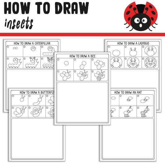 How To Draw Insects Easy (Bee, Butterfly, Ant, Caterpillar, Ladybug), Directed Drawing Step by Step Tutorial, Includes 5 Coloring Pages.