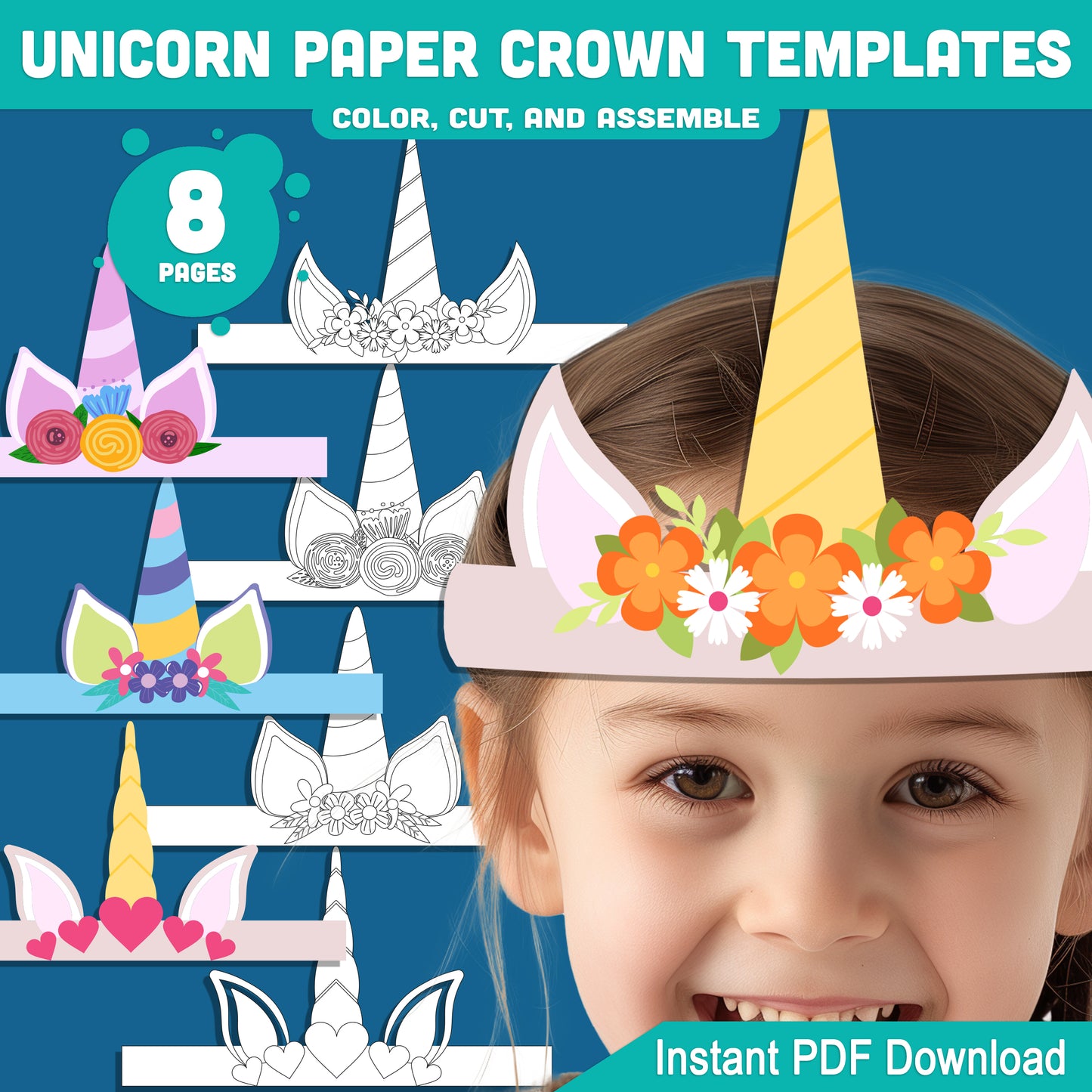 Unicorn Paper Crown Templates, Printable Headband Hat for Kids, 8 Pages, 4 Designs in Pre-Colored and Black & White, Instant PDF Download.