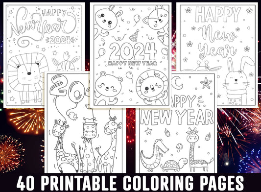 2024 New Year Coloring Pages, 40 Printable Happy New Year Coloring Pages for Kids, Boys, Girls, Teens. New Year Party Activity, PDF Download