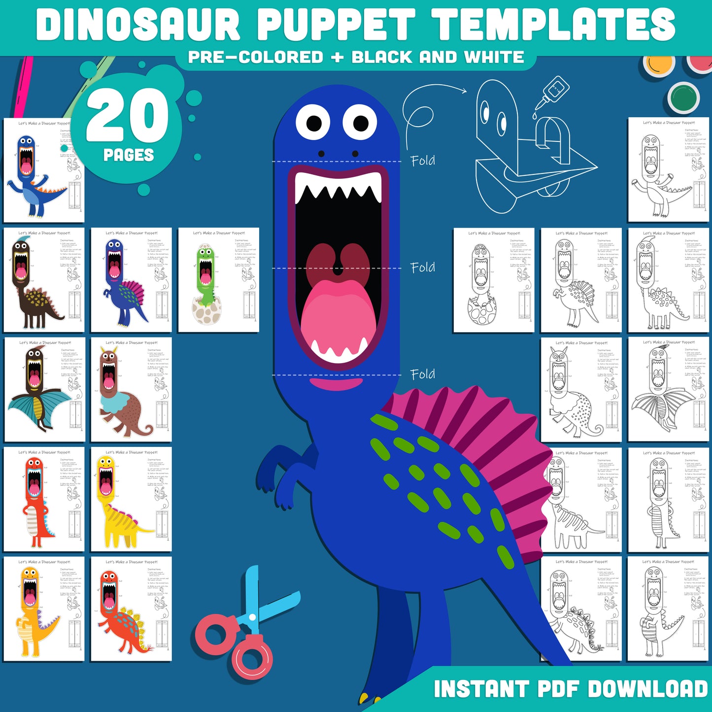 Dinosaur Paper Puppet Templates: 20-Page Fun Printable Craft for Kids, Pre-Colored & B/W, Perfect for Imaginative Play, Easy to Cut & Assemble, Instant PDF Download