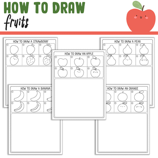 Learn How to Draw Fruits (Apple, Orange, Banana, Strawberry, Pear), Directed Drawing Step by Step Tutorial, Includes 5 Coloring Pages