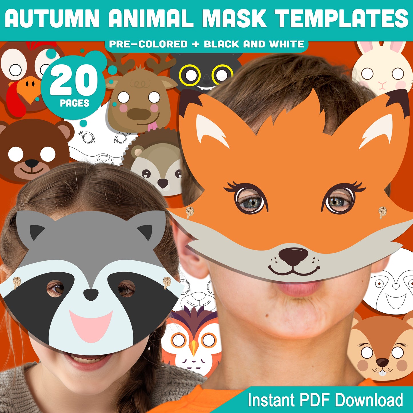 Autumn Animal Mask Templates for Kids: Fox, Owl, Raccoon, Bear & More, Fall-Themed Craft PDF, Pre-Colored + Black & White