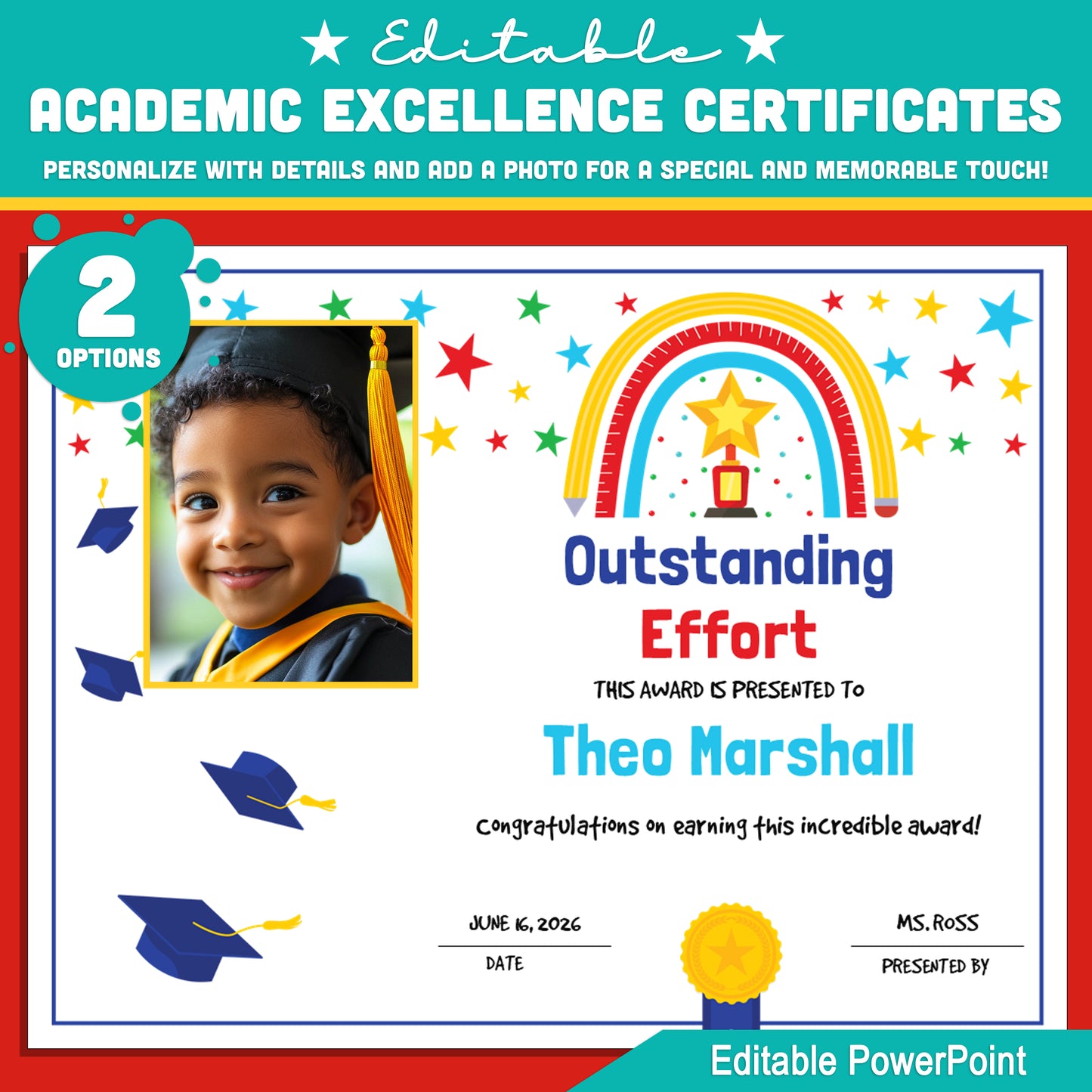 Editable Academic Excellence & Class Superlatives – End of Year Student Awards with 2 Options: Personalize Details or Add Photo, Download Instantly