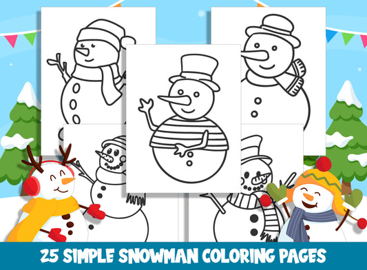 25 Cute Simple Snowman Coloring Pages, Large Size, Thick Border, Perfect for Preschool & Kindergarten, PDF File, Instant Download
